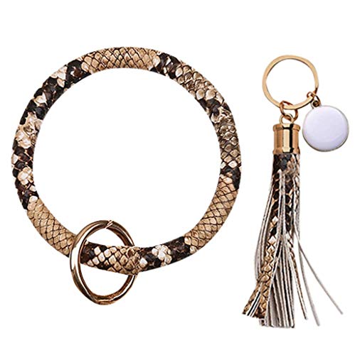 Product Cover SiQing Women Large Round Keychain Tassel Wristlet Leather Bracelet Key Ring (A)