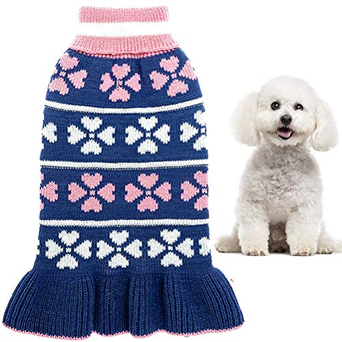 Product Cover KOOLTAIL Valentine Dog Sweater Dress Turtleneck Winter Clothes - Warm Girl Dogs Coat Beautiful Love Heart Pattern Valentine's Day Knit Ugly Sweater with Leash Hole for Dogs Puppy Cat Small