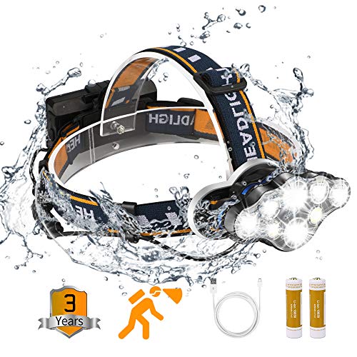 Product Cover Headlamp, Rechargable Headlamp Flashlight 8 LED 20 modes Headlight with White Red Lights Waterproof HeadLamps for Adults Camping Hunting Running Fishing Outdoors Hard Hat Work