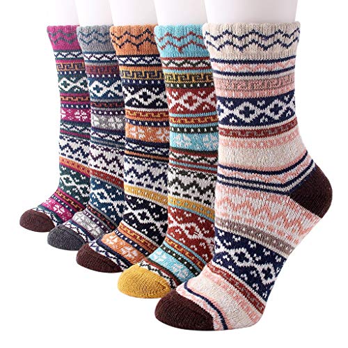 Product Cover OTTATAT Fall Winter Women Socks 5 Pairs Vintage Style Knit Wool Casual Sport Sock Cashmere Thickening Soft Warm Floor Socks Slim Comfort Plaid Stripe Patchwork Pattern Party Trip Festival Essential