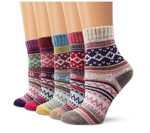 Product Cover OTTATAT Fall Winter Women Socks 5 Pairs Vintage Style Knit Wool Casual Sport Sock Cashmere Thickening Soft Warm Floor Socks Slim Comfort Plaid Stripe Patchwork Pattern Home Holiday Outdoor Essential