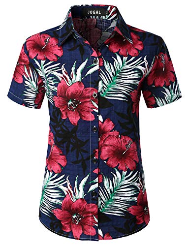 Product Cover JOGAL Women's Floral Blouse Casual Button Down Short Sleeve Aloha Hawaiian Shirt