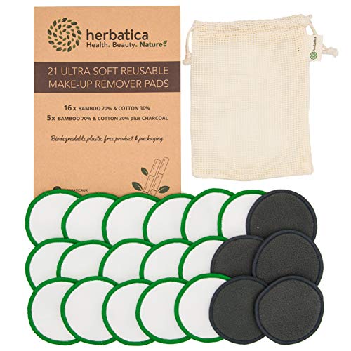 Product Cover Herbatica Reusable Makeup Remover Pads - Pack of 21 Reusable Cotton Rounds with Laundry Bag - Washable Bamboo Makeup Remover Pads - Eco Friendly Organic Cotton Pads for all Skin Types