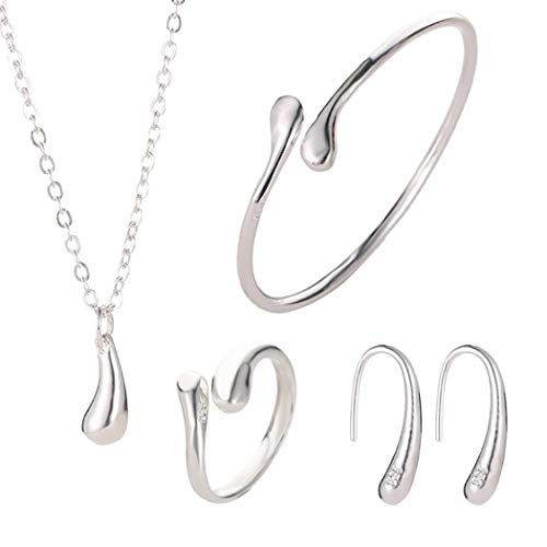 Product Cover Geciea 4PCS 925 Sterling Silver Jewelry Set for Women Teardrop Pendant Necklace Earrings Bracelet Ring Fit with Party Meeting Dating Wedding Daily Birthday Gift (Silver)