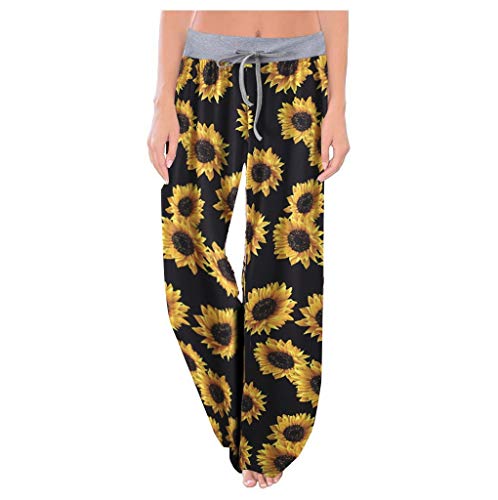 Product Cover LINKIOM Floral Prints High Waist Wide Leg Lounge Pants, Womens Comfy Stretch Leopard Print Drawstring Pants