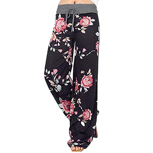 Product Cover LINKIOM Floral Prints High Waist Wide Leg Lounge Pants, Womens Comfy Stretch Leopard Print Drawstring Pants