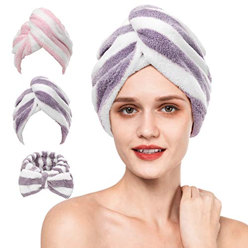 Product Cover Fast-Drying Hair Towel Microfiber Thickened Wrap Turban Super Absorbent Extra Soft Shower Head Cap with Hair Band 2 Pack