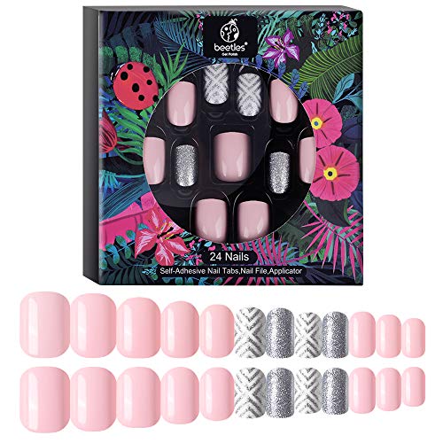 Product Cover Beetles Press-on Manicure, 24 Pcs Soft Pink Press On Nails Sliver Glitter Fake Nails with 36 Pcs Adhesion Gel