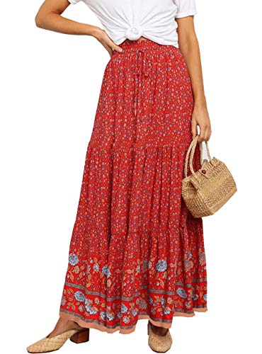 Product Cover PRETTYGARDEN Women's Boho Vintage Floral Print High Elastic Waist Pleased Long Maxi Skirt (Red, Small)