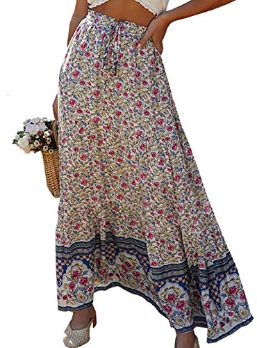 Product Cover PRETTYGARDEN Women's Boho Vintage Floral Print High Elastic Waist Pleased Long Maxi Skirt (White, Medium)