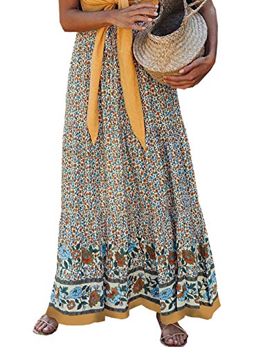 Product Cover PRETTYGARDEN Women's Boho Vintage Floral Print High Elastic Waist Pleased Long Maxi Skirt (Apricot, Small)
