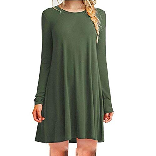 Product Cover Offeir Women Long Sleeve O Neck Casual Solid Color Loose Dress Dresses Dark Green
