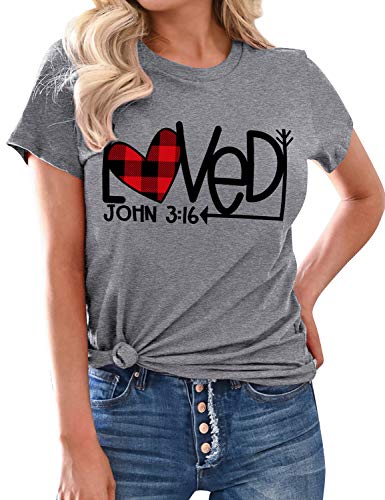 Product Cover OUNAR Women Loved John Letter Graphic Printed Tee Tops Crew Neck Casual T-Shirts Grey
