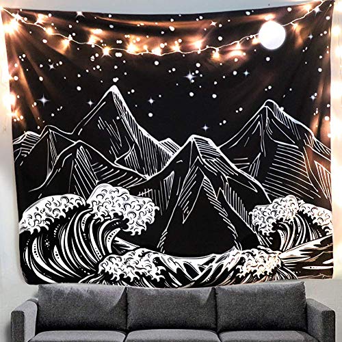Product Cover O-heart Great Wave Tapestry, Mountain Moon Star Tapestries Wall Hanging Black and White Art Tapestry Home Decoration for Living Room Bedroom Dorm Decor 51x59 Inches
