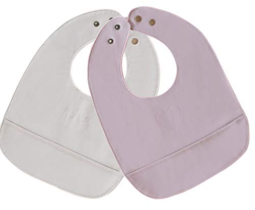 Product Cover Waterproof Baby Bibs Pocket Snaps - Better Than Silicone - Heavenly Soft - Set of Organic Vegan Leather Bibs for Girls - Great for Feeding and Teething Babies and Toddlers (Medium, Pink & White)