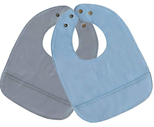 Product Cover Waterproof Baby Bibs Pocket Snaps - Set of Heavenly Soft Vegan Leather Bibs for Boys - Great for Feeding and Teething Babies and Toddlers (Medium, Blue & Grey)