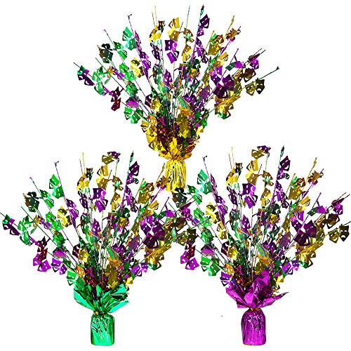 Product Cover 3 Set Mardi Gras Gleam 'N Burst Centerpieces Gold Purple Green Comedy and Tragedy Mask Foil Table Centerpieces Mardi Gras Balloon Weight for Mardi Gras New Orleans Party Fat Tuesday Table Decoration