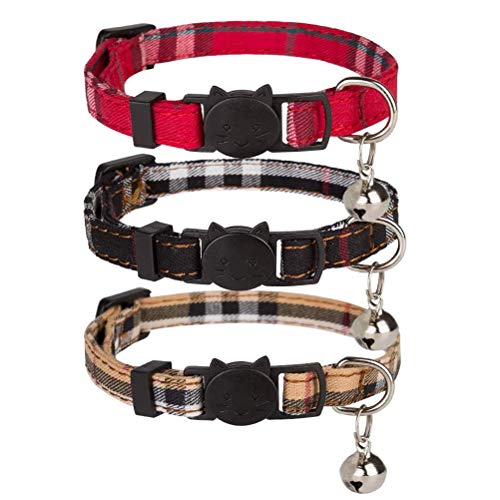 Product Cover Cholegift Kitty 3 pcs Plaid Collar with Bell-Fit Cats, Classical Plaid, Breakaway Adjustable Collar