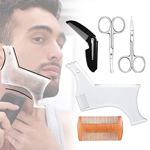 Product Cover Beard Shaping Tool, Beard Shaping Template & Guide, for Perfect line up & Edging || Come with Beard Shaper & Wood and Folding Comb & Two Scissors - Works with any Electric Trimmers or Clippers