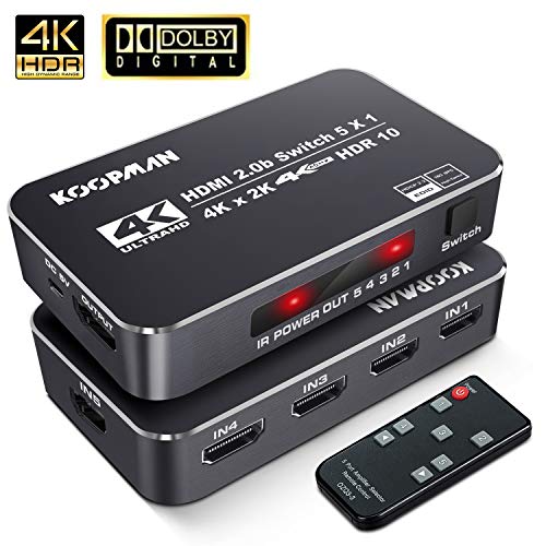 Product Cover 4K HDR HDMI Switch, Koopman 5 Ports 4K 60Hz HDMI 2.0 Switcher Selector with IR Remote, Supports Ultra HD Dolby Vision, High Speed (Max to 18.5Gbps), HDR10, HDCP 2.2 & 3D