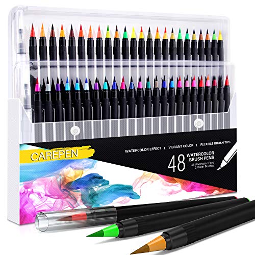 Product Cover CAREPEN Watercolor Brush Pens, Set of 48 Watercolor Painting Markers and 2 Water Brush Pens, Flexible Nylon Brush Tips, Non-Toxic Ink, Suit for Adult and Kids Coloring Books, Drawing, Calligraphy