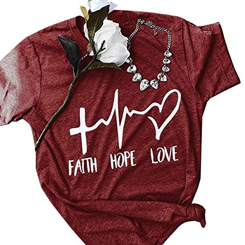 Product Cover Qianxitang Summer Womens Faith Hope Love Graphic T Shirt Casual Cotton Short Sleeve Round Neck Letter Print Tees Tops