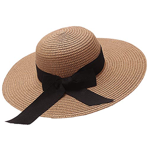 Product Cover Womens Straw Hat Wide Brim Floppy Beach Cap Adjustable Sun Hat for Women UPF 50+ (Khaki)
