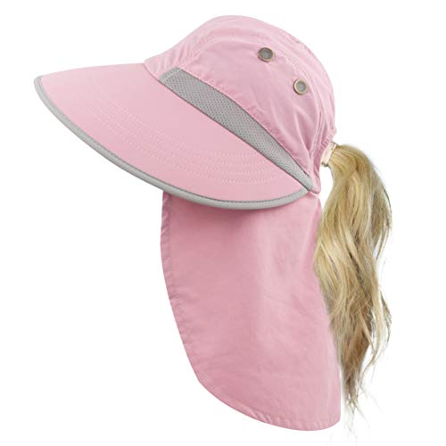 Product Cover Womens Outdoor Sun Hat UV Protection Wide Brim Mesh Foldable Ponytail Summer Beach Fishing Hats Safari Cap with Neck Flap Pink