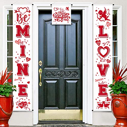 Product Cover Valentine Porch Sign Be Mine Valentine Banner Happy Valentine's Day Decoration Set Heart Love Valentines Door Banner for Decorative Love Welcome House Flag Banner Party Supplies