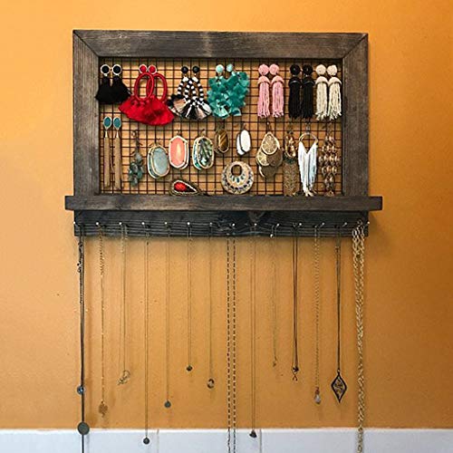 Product Cover Rustic-Brown-Wall-Jewelry-Organizer,Wooden Wall-Mounted Mesh Organizer