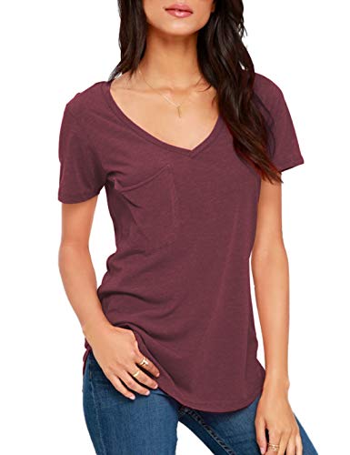 Product Cover Sarin Mathews Womens Shirts Short Sleeve Tops V Neck Patch Pockets Loose Summer Casual Tops T Shirts for Women Burgundy L