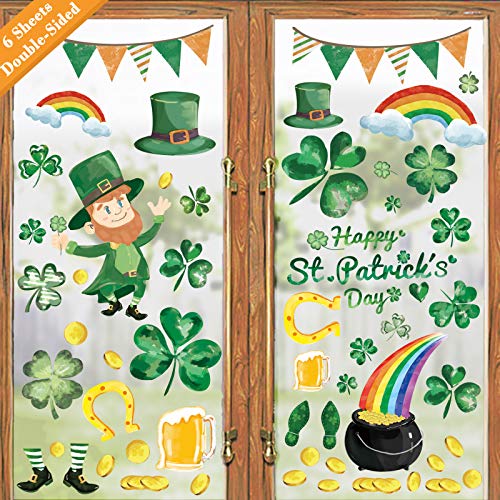 Product Cover Ivenf St. Patricks Day Decorations Window Clings Decor, Large Shamrocks Leprechaun Top Hat Gold Coins for Kids School Home Office Accessories Party Supplies Gifts, 6 Sheets 105 pcs