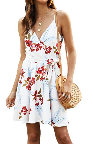 Product Cover POGTMM Women's Summer Floral Print Dress Sexy V Neck Sleeveless Mini Dress Spaghetti Strap Swing Skater Dresses with Belt (A-White, Small)