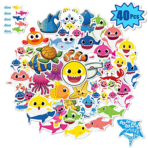 Product Cover 40 Pcs Baby Shark Stickers for Water Bottles, Laptop Decals for Hydro Flask, iPad, Phone, Luggage, Bicycle, Skateboard, Car | Kids Baby Shark Themed Party Favor