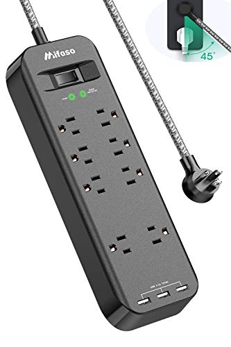 Product Cover 8 Outlets Power Strip Surge Protector with 3 USB Port, 5ft Heavy-Duty Braided Extension Cord, Flat Plug, 2700 Joules 15A Circuit Breaker, Wall Mount, 2 Wide Space Outlet for Smartphone/Tablets/TV/Home