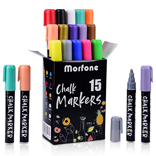 Product Cover Liquid Chalk Markers, Morfone Markers 15 Colors with 32 Chalkboard Labels for Blackboards Window Mirror Bistro Erasable Pens 6mm Reversible Bullet and Chisel Tip