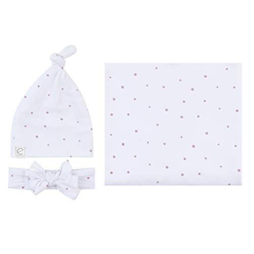 Product Cover Ely's & Co. Jersey Swaddle Blanket, Baby Knot Hat and Bow Headband Set Jersey Cotton Set for Baby Girl - (Lavender Dots)