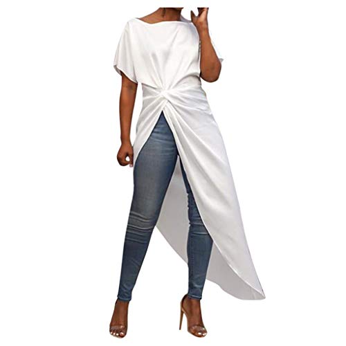 Product Cover Makalon 2020 Women Casual Asymmetrical Blouse Pleated Short Sleeve Shirt Swallowtail Tops White