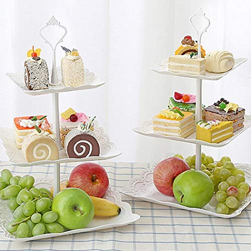 Product Cover MelysUS 2/3-Tiers Cake Stands,Square Pure Elegant Embossed Dessert Display White for Baby Shower Wedding Birthday Party Celebration Home Decor(24 x 37 cm) Ornaments