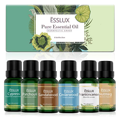 Product Cover Essential Oils Set, ESSLUX Woodsy Collection with Cypress, Cedarwood, Patchouli, Sandalwood, Frankincense, Nutmeg Essential Oils, Perfect for Diffuser, Home Fragrance & Massage, 6x10 ML