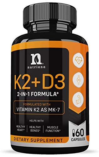 Product Cover Vitamin K2 with D3 5000 IU Supplement - Vitamin D and K Complex - Bone and Heart Health Vitamin D3 K2 MK7 Formula - 5000 IU Vitamin D3 & 90 MCG Vitamin K2 MK-7-60 K2 D3 Vitamin Capsules