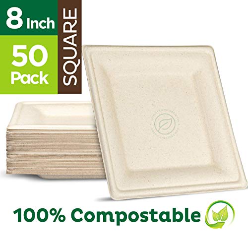 Product Cover 100% Compostable Square Paper Plates [8x8 inch - 50-Pack] Elegant Disposable Plates Heavy-Duty Quality, Natural Bagasse Unbleached, Eco-Friendly Made of Sugar Cane Fibers, 8