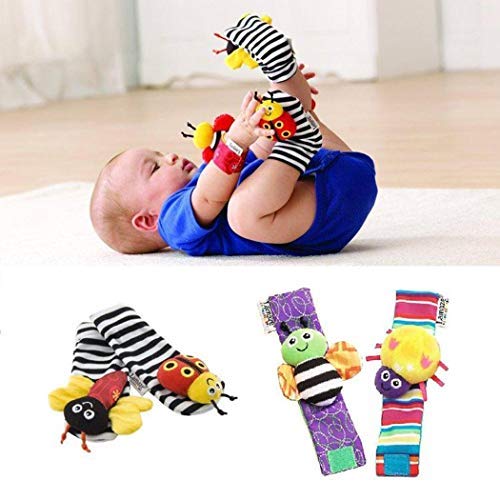 Product Cover Eubell 4pcs/Pack Cute Animal Soft Baby Socks Toys Wrist Rattles and Foot Finders for Fun Butterflies and Lady Bugs Set