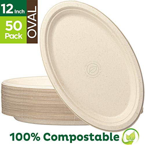 Product Cover 100% Compostable Oval Paper Plates [12.5 inch - 50-Pack] Elegant Disposable Dinner Platter Heavy-Duty Quality, Natural Bagasse Unbleached Eco-Friendly Made of Sugar Cane Fibers, [12.5