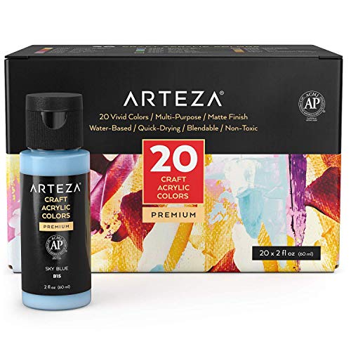 Product Cover Arteza Craft Acrylic Paint, Set of 20 Colors, 60 ml Bottles, Water-Based, Matte Finish, Blendable Paints for Art & DIY Projects on Glass, Wood, Ceramics, Fabrics, Paper & Canvas
