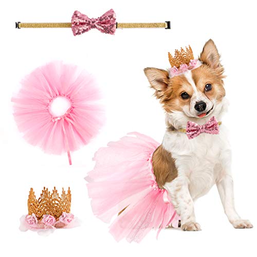 Product Cover BINGPET Valentine Dog Wedding Dress Girl - Puppy Birthday Party Supplies - Cute Tutu Skirt Bowtie and Crown Hat Set, Pink Gift for Small Dogs Cat