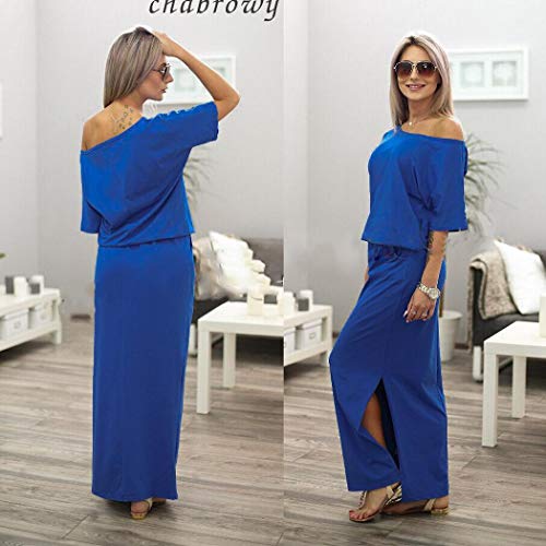 Product Cover hreway Women Casual Oblique Collar Medium Sleeve Solid Loose Side Split Dress Dresses Blue