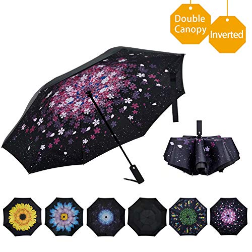 Product Cover VIWINVELA Inverted Umbrella Double Layer Folding Reserve Umbrella Windproof for Travel Men Women Pink Flower