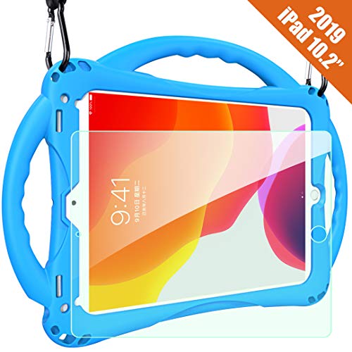 Product Cover TopEsct iPad 7th Generation Case for Kids,with Tempered Glass Screen Protector and Strap,Premium Silicone Shockproof Case Cover for iPad 7th 10.2 inch. (Blue)
