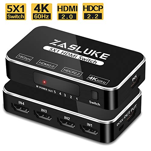 Product Cover ZasLuke HDMI Switch 5 in 1 Out, HDMI 2.0 Switcher with IR Wireless Remote, Support 4K@60Hz, Full HD 1080P, HDR, HDCP 2.2 for PS4, Nintendo, Xbox 360 and More